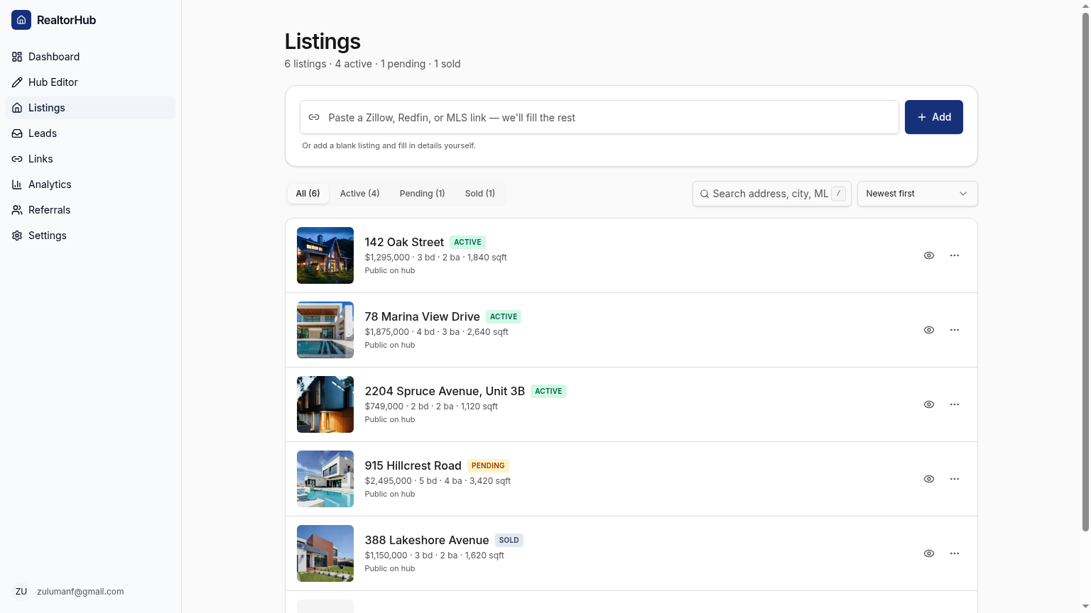 Parva Listings page — 6 listings (4 active, 1 pending, 1 sold) with photos, prices, beds, baths, and status pills